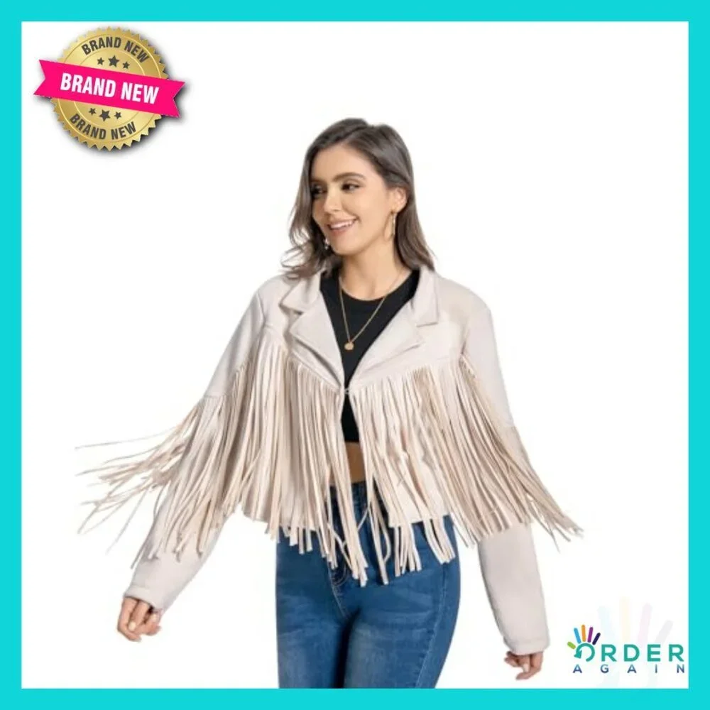 Faux Leather Fringe Jacket Western Cowgirl Crop Moto Top Tassel Design - Picture 2 of 5